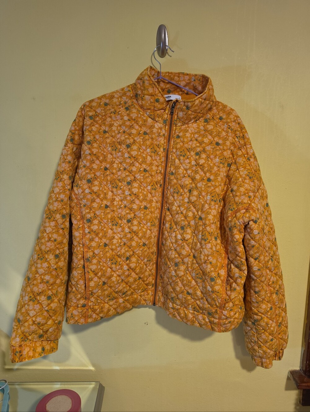 Sonoma Women's Size Large Golden Yellow Floral Quilted Full Zip Jacket Botanical